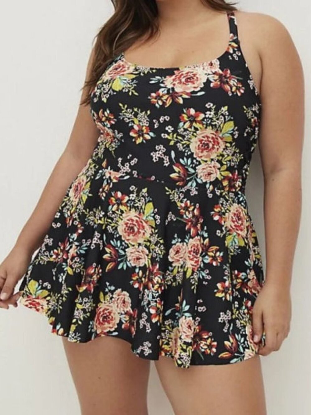 Torrid Dark Floral Lattice Swim Dress Size 2X One Piece Swimsuit Wire Free Mesh